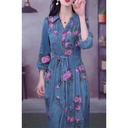 4XL Lace-Up Dress 2023 Spring/Summer New Light Luxury Fashion Waist Covering And Slim Fit Peony Print Denim Dress V-Neck Dress