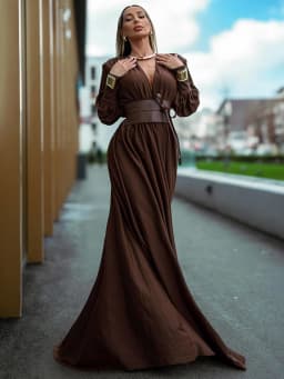 VC 2026 New Fashion Dresses For Women Plunging V Neck High Waist Belt Long Sleeves Wedding Party Dress Brown Gowns