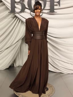 VC 2026 New Fashion Dresses For Women Plunging V Neck High Waist Belt Long Sleeves Wedding Party Dress Brown Gowns