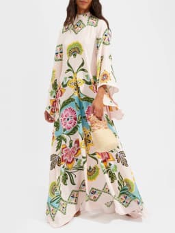 Vintage Print Patchwork Party Dress, Women Spring Summer Loungewear Three Quarter Sleeve Maxi Dress, Lace-Up Loose Ladies Dress