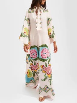 Vintage Print Patchwork Party Dress, Women Spring Summer Loungewear Three Quarter Sleeve Maxi Dress, Lace-Up Loose Ladies Dress