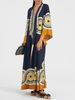 Vintage Print Patchwork Party Dress, Women Spring Summer Loungewear Three Quarter Sleeve Maxi Dress, Lace-Up Loose Ladies Dress
