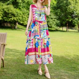 New Fashion Boho Long Dress for Women O-Neck Sleeveless Print Large Beach Long Dress Elegant Women's Dress 2024