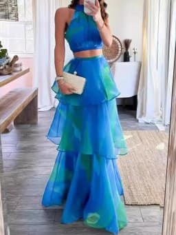 Sleeveless Fashion New Loungewear Skirt Set, Summer Women Hollow Sexy Patchwork Party Suit, Print Stand Collar Elegant 2pc Sets