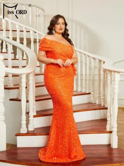 Missord New One Shoulder Plus Size Orange Sequin Mermaid Formal Occasion Evening Prom Party Dresses