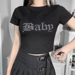 Rhinestone Letter Print 2000s Women Slim Crop Top Gothic Cute Baby Tee Vintage Grunge T-Shirt Y2k Clothes Summer Top Streetwea