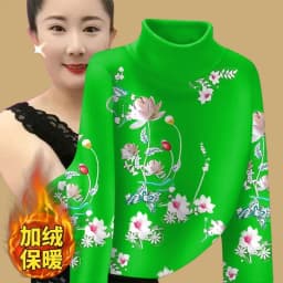 Half High Collar Bottoming Shirt For Women Autumn Winter Plush Warm Pullover Middle-aged Mother Add Velvet Print Tops T-Shirt