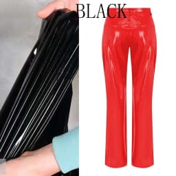 Shiny Red Patent Leather Straight Pants Women High Waist PVC Slim Trousers Ladies Chic Yellow PU Pants Pocket Custom Clubwear