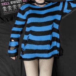Karrcat Grunge Harajuku Striped Knit Sweater Women Y2K Streetwear Hole Broken Jumper Loose Purple Sweaters Punk Gothic Clothes