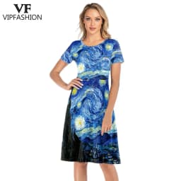 VIP FASHION Summer Short Sleeve Dress Women Van Gogh Star and Moon Night Painting Printed Knee-Length Dress O-Neck Smock Dress