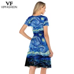 VIP FASHION Summer Short Sleeve Dress Women Van Gogh Star and Moon Night Painting Printed Knee-Length Dress O-Neck Smock Dress