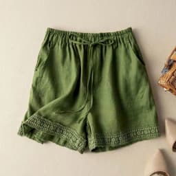 Cotton Linen Shorts Women Hollow Out Crochet Vintage Elastic Waist Wide Leg Pants Harajuku Casual Loose Shorts Women Clothing