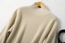 BirdTree 85% Silk 15% Cashmere Sweater, Women Beige Warm Mock Neck, Everyday Long Sleeve Solid Pullover, 2026 Spring T41872QC