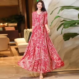  2026 New Spring/Summer Flower Large Swing Dress with Waist for Tourist Holiday Dress Chiffon Dress Beach Dress With Lace-UP