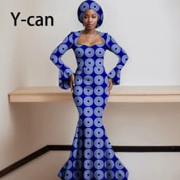 African Dresses for Women 2023 Dashiki Print Ruffles Sleeve Vestido Feminino with Headwrap Party Wedding Dresses Outfits 2425012