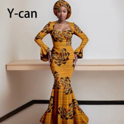 African Dresses for Women 2023 Dashiki Print Ruffles Sleeve Vestido Feminino with Headwrap Party Wedding Dresses Outfits 2425012