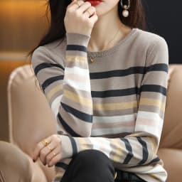 Pure Cotton Striped Knitwear Women's Round Neck Pullover Sweater Casual Fashion Needle Cotton Sweater Long Sleeve Spring Autumn