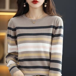 Pure Cotton Striped Knitwear Women's Round Neck Pullover Sweater Casual Fashion Needle Cotton Sweater Long Sleeve Spring Autumn