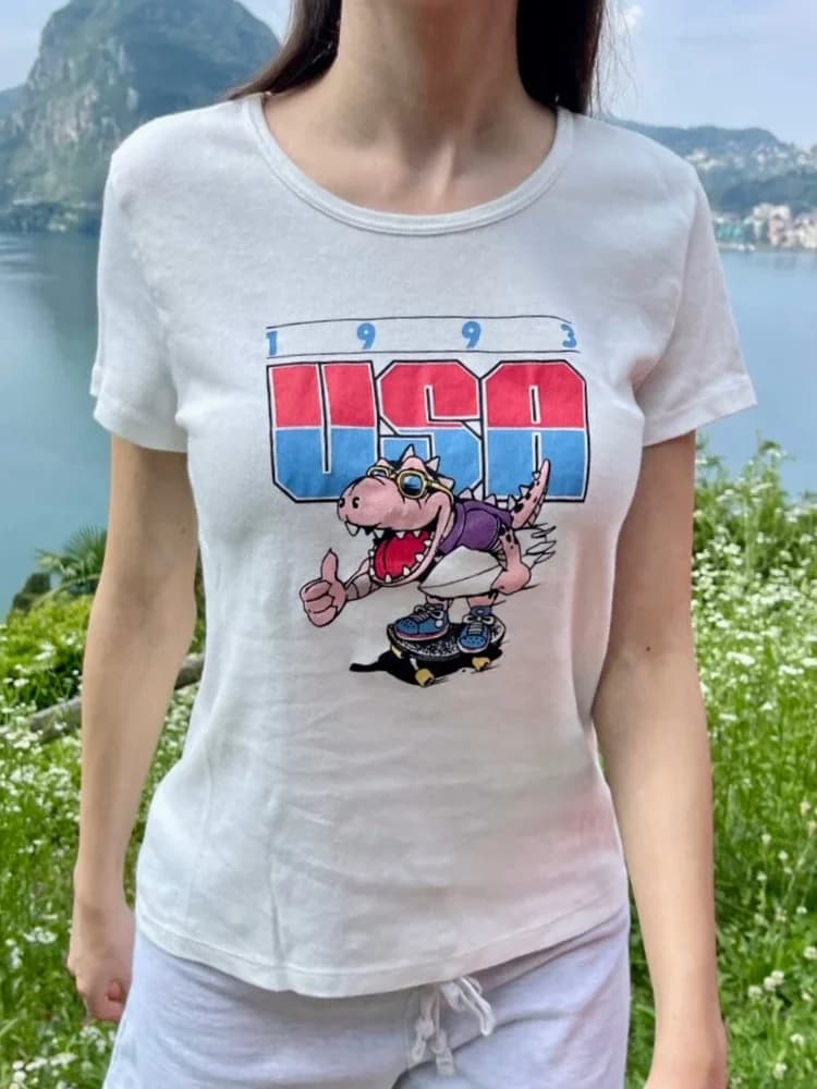 Dinosaur Print Slim T-shirt Woman Summer O-Neck Cotton Short Sleeve Tee American Vintage Streetwear Harajuku Cartoon Tshirt Y2k