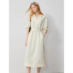TOYOUTH Women Shirt Dress 2024 Summer New V Turn Down Collar Half Lantern Sleeve Jacquard A-line Midi Dress With Waist Belt
