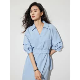TOYOUTH Women Shirt Dress 2024 Summer New V Turn Down Collar Half Lantern Sleeve Jacquard A-line Midi Dress With Waist Belt