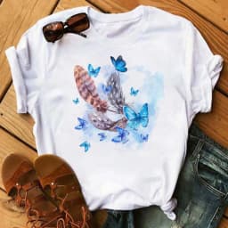 Women's Simple T-shirt Half Sleeve Colorful Flower Butterfly Art Feather Print Short Sleeve T-shirt Tops Oversized T Shirt