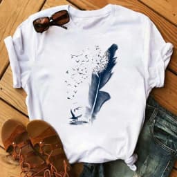 Women's Simple T-shirt Half Sleeve Colorful Flower Butterfly Art Feather Print Short Sleeve T-shirt Tops Oversized T Shirt