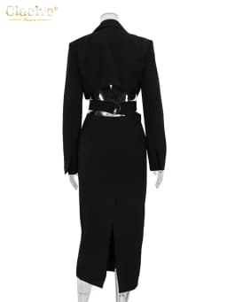 Clacive Fashion Slim Black Women's Dress 2024 Elegant Lapel Long Sleeve Office Ankle Length Dresses Casual Classic Female Dress