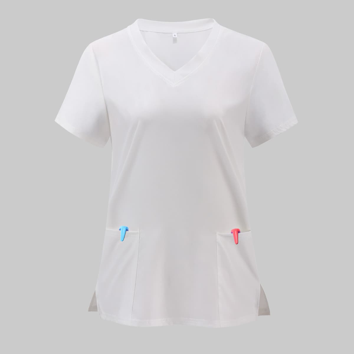 Solid V-Neck Scrub Top Elegant Micro Elasticity Uniform with Patch Pocket Split Short Sleeve Perfect for Women Nurses