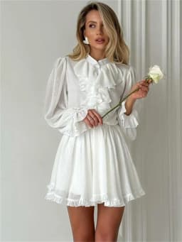 Tossy White Elegant Ruffled Mini Dress For Women Patchwork High Waist Long Sleeve See-Through Party Dress Female Spring Dress