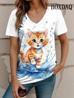 Outdoor Women's T-Shirt Cute Cat Printed Short Sleeve Top Female Harajuku Tees Shirt Plus Size V-Neck Tops Animal Women Clothing
