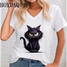 Outdoor Women's T-Shirt Cute Cat Printed Short Sleeve Top Female Harajuku Tees Shirt Plus Size V-Neck Tops Animal Women Clothing