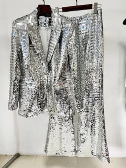 HIGH STREET Newest 2026 Stylish Designer Suit Set Women's Trim Single Button Mesh Sequined Blazer Pants Set