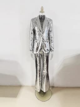 HIGH STREET Newest 2026 Stylish Designer Suit Set Women's Trim Single Button Mesh Sequined Blazer Pants Set