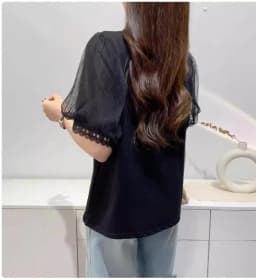 pearl collar women tees short sleeve bead work neck tops