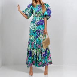 Early Spring New O Neck Fit Mermaid Dress Fashion Lady Party Pleated Dress Temperament Lantern Sleeve Print Wrap Hips Long Dress