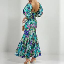 Early Spring New O Neck Fit Mermaid Dress Fashion Lady Party Pleated Dress Temperament Lantern Sleeve Print Wrap Hips Long Dress