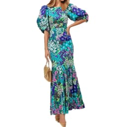 Early Spring New O Neck Fit Mermaid Dress Fashion Lady Party Pleated Dress Temperament Lantern Sleeve Print Wrap Hips Long Dress