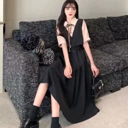 Retro Women Mid Length Version Short Sleeved Dress Summer Female Academic Style Dresses Ladies Korean Fake Two Pieces Vestidos
