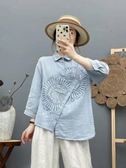New 2025 Summer Cotton Yarn 3/4 Sleeve Shirt, Women Turn-down Collar Embroidery, Mori Girl Versatile Chic Loose Blouse T55345CC