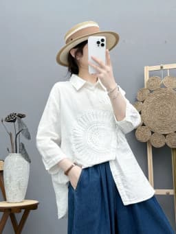New 2025 Summer Cotton Yarn 3/4 Sleeve Shirt, Women Turn-down Collar Embroidery, Mori Girl Versatile Chic Loose Blouse T55345CC