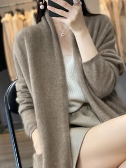Women's 100% Merino Wool Coat Cardigan Long Sleeve Sweater Autumn Winter Solid Color Loose Warm Knitwear Fashion Female Long Coa