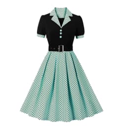 Hot Selling Commuting Art Retro Polka Dot Short Sleeved Lapel Dress with Belt in Europe and America