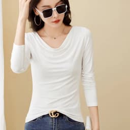 Korean Coffee Long Sleeved T-Shirt for Women's Autumn New High-End Cotton Fashion Plus V-Neck Casual Top