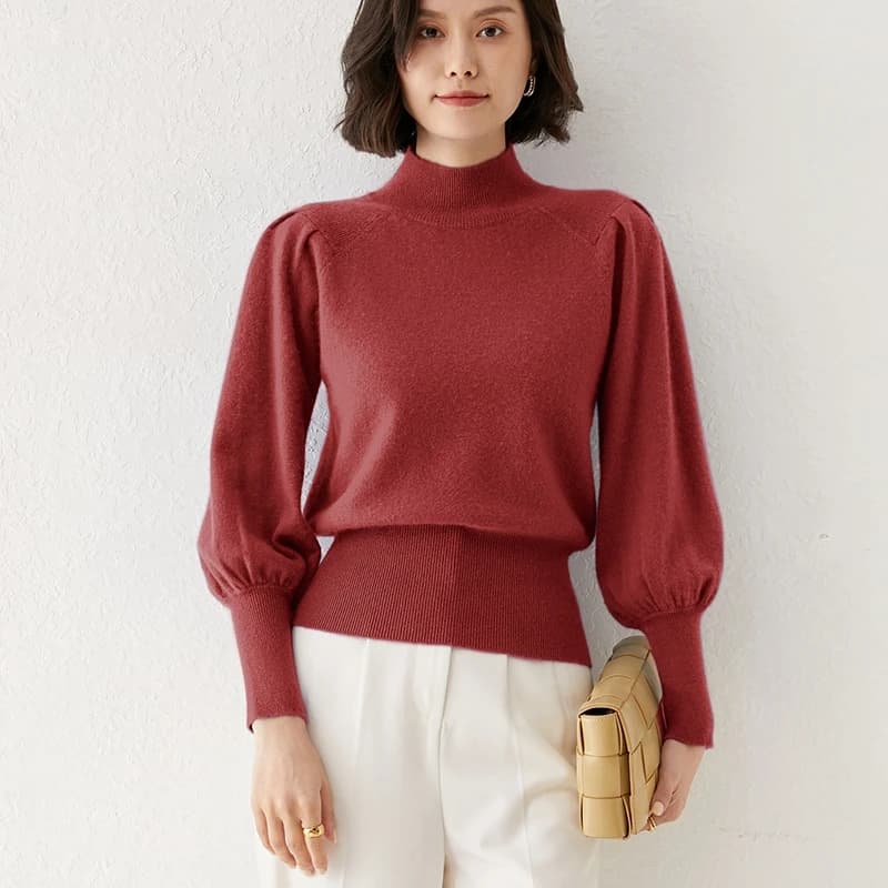 New 100% Merino Wool Sweater for Women Mock Collar Puff Sleeve Pullover Casual Knitted Top Female Autumn Winter Cashmere Warm
