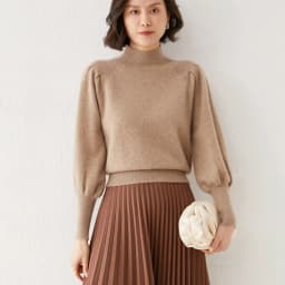 New 100% Merino Wool Sweater for Women Mock Collar Puff Sleeve Pullover Casual Knitted Top Female Autumn Winter Cashmere Warm