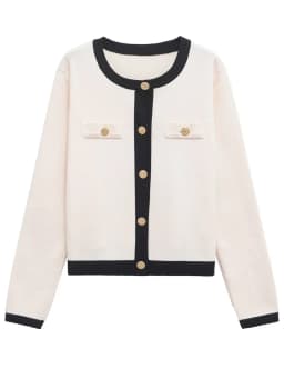Fashion Contrast Elegant Cardigan Coat For Women Pocket Patchwork Ribbed Knitwear Sweater Top Female Loose Knit Cardigan