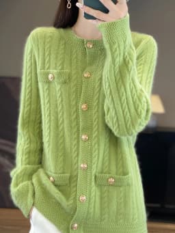 Women's Warm Autumn Winter Thick 100% Merino Wool Knitted Sweater Buttons Cardigan Casual Loose O-Neck Cable Stitc Clothing Tops
