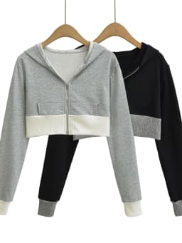 Spicy Girl Europe/America Style Color Blocked Short Cropped Hooded Sweatshirt+high Waisted Sexy Pleated Skirt Two Piece Set GXYW