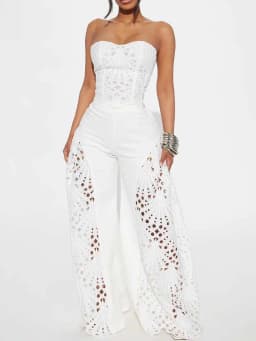 Female Clothing Elegant Sets V Neck Lace Sexy Strapless Crop Top and Wide Leg Pants Set Women Hollow Out Summer Two Piece Set